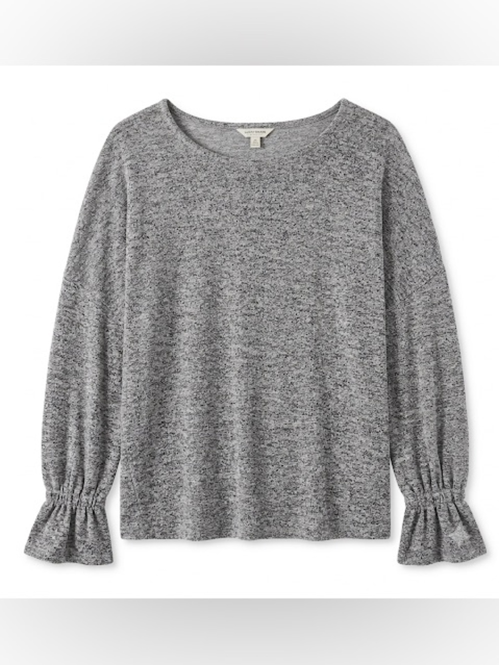 Lucky Brand Gray Marled Knit Top M Bell Ruffle Cuff Long Sleeve Boatneck Sweater